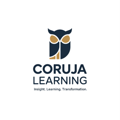 Coruja Learning — owl mark with wordmark and tagline 'Insight. Learning. Transformation.'